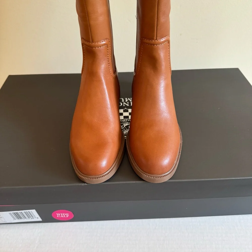 Vince Camuto Boots ANDALIAN Wide Calf Leather Riding Golden Walnut NEW